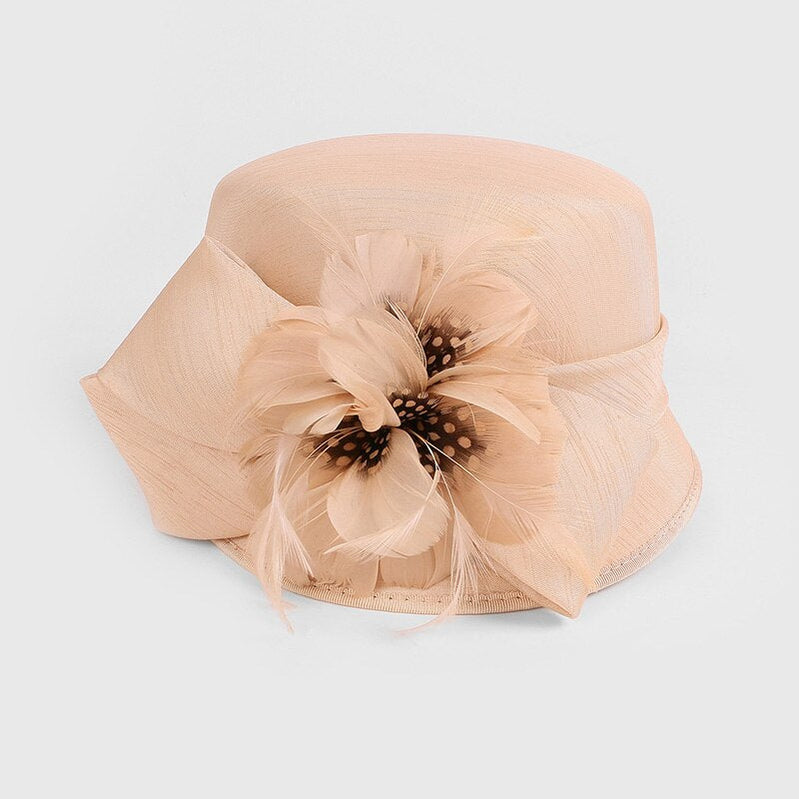 FS Luxury Woman Sun Hat Wedding Ceremony Fashion Elegant Millinery Tea Party Bowler Cap Flower Feather Bucket Hats Female Camel 53 to 57cm