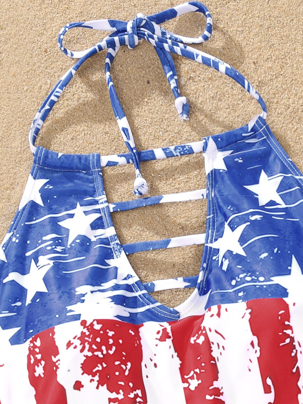 Sexy Women American Flag Hollow Out Drawstring Halter Tankini Set Brazilian Swimsuit Bra Two Piece Swimwear Beachwear
