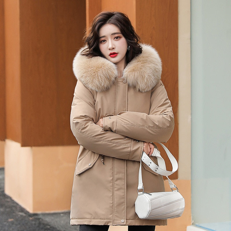 Women Parka Fashion Long Coat Wool Liner Hooded Parkas New Winter Jacket Slim with Fur Collar Warm Snow Wear Padded Clothes Khaki