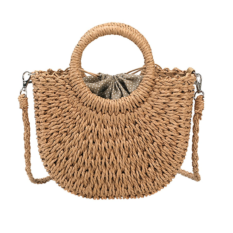 Summer Straw Handbag Wooden Handle Large Capacity Paper Rope Woven Straw Bag New Fashion Summer Vacation Travel Beach Bag brown14