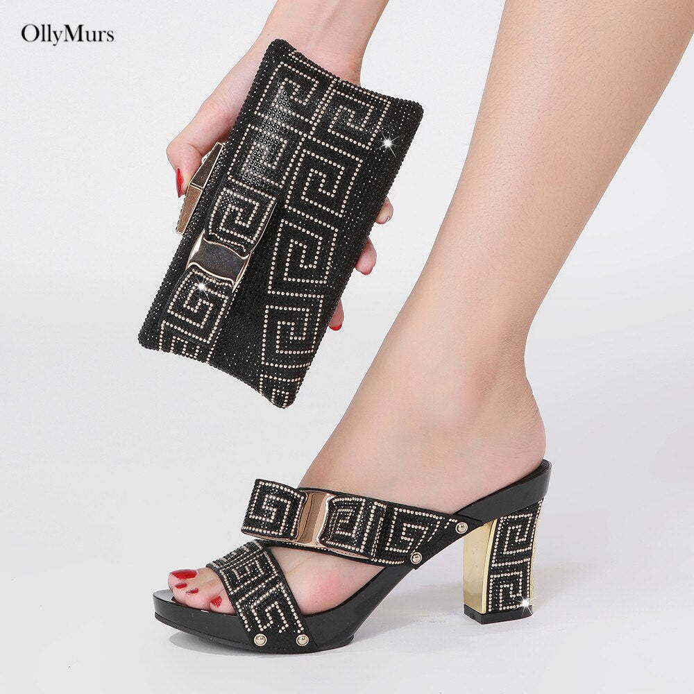 New Arrival Elegant Rhinestone Slipper Woman Shoes And Purse Set Italian Style Square Heels Shoes And Bag Set For Party