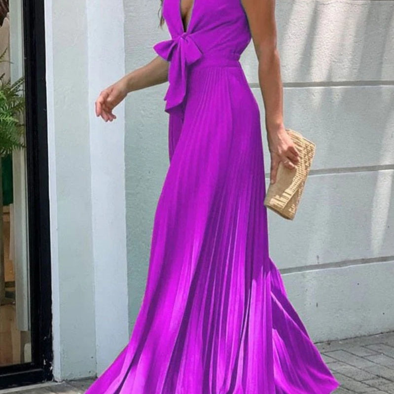 Onecozyday Stylish Sleeveless Lace-Up Pleated Deep V-Neck Sexy Jumpsuits Summer Vacation Party Prom Jump Suits For Women