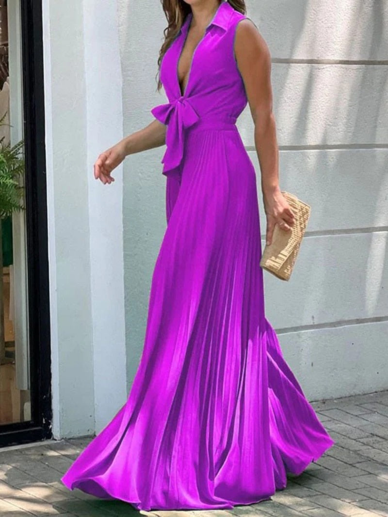 Onecozyday Stylish Sleeveless Lace-Up Pleated Deep V-Neck Sexy Jumpsuits Summer Vacation Party Prom Jump Suits For Women