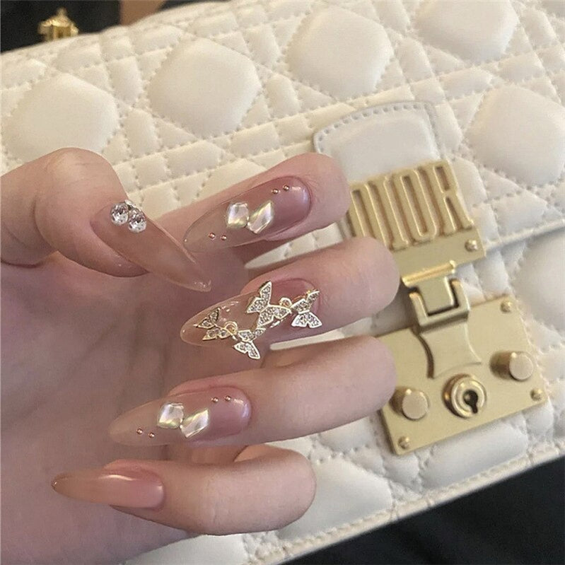 24pcs/box Printing Nails Patch MidLength Fake Nails With Design Full Cover Acrylic Press On Nails Long Artifical Nails With Glue NUDE