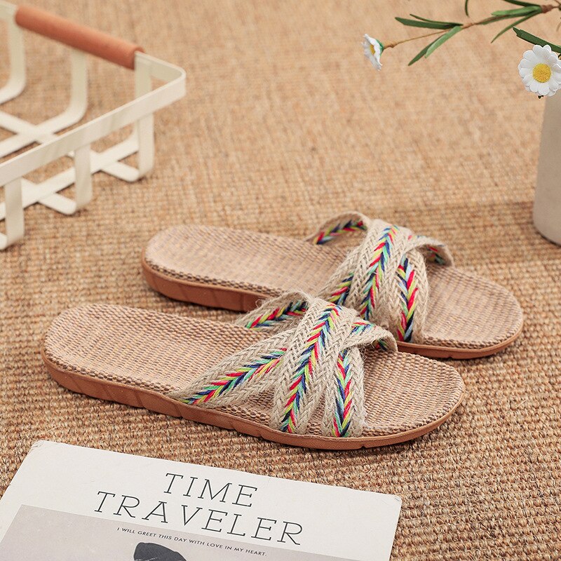 Summer Natural Flax Slippers Women Sandals Comfortable Non-slip Ladies Home Cross-tied Casual Indoor Shoes Multicolor HuaseJiaocha