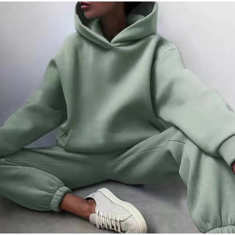 Winter Women Two Piece Sets Tracksuit Autumn Casual Solid Long Sleeve Hoodie Sweatshirts Female Oversized Trouser Pant Suit Green