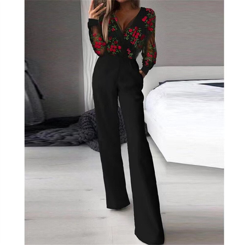 Elegant Jumpsuit Women Casual V Neck Mesh Hollow Embroidery Long Sleeve Overalls Female Slim Office Party Jumpsuit
