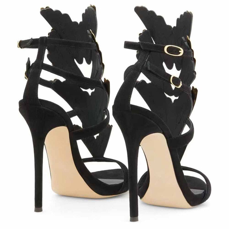Sculpted Golden Wings Heels Sandals Ankle Strap Stiletto Heel Pointed Toe Shoes Women Casual Hollow Gladiator Sandals