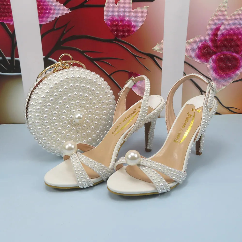 White Female Sandals Bridal shoes bag set woman Fashion Thin Heel Big Pearl Girls fashion Sandals party Shoes
