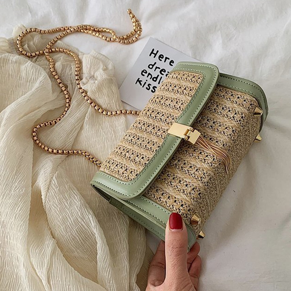 Summer Straw Handbag Wooden Handle Large Capacity Paper Rope Woven Straw Bag New Fashion Summer Vacation Travel Beach Bag green17