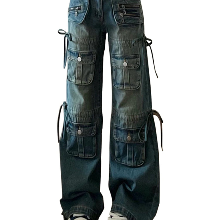 여성 BF 스타일 Y2K 스트리트웨어하라 주쿠 부기 멀티 포켓 블루 데님화물 팬츠 낮은 허리 넓은 다리 청바지 2000 년대 미적 KPOP