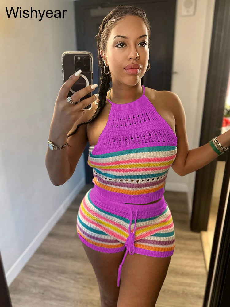 Wishyear Sexy Backless Halter Crop Top and Shorts Suit Two Piece Sets for Women Tracksuit Knitted Crochet Co Ord Summer Outfits Fuchsia CN