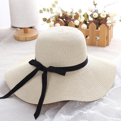 Simple Foldable Wide Brim Floppy Girls Straw Hat Sun Hat Beach Women Summer Hat UV Protect Travel Cap Lady Cap Female white 55-58cm