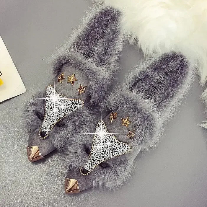 Crystal Fox Pattern Winter Flat Loafers Women Metal Pointed Toe Glitter Fur Moccasins Brand Design Ballet Flats Ladies Shoes gray