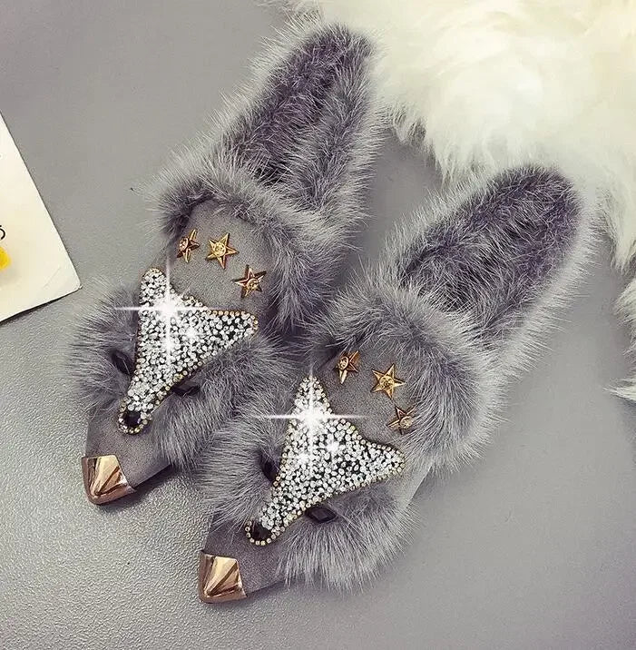 Crystal Fox Pattern Winter Flat Loafers Women Metal Pointed Toe Glitter Fur Moccasins Brand Design Ballet Flats Ladies Shoes gray