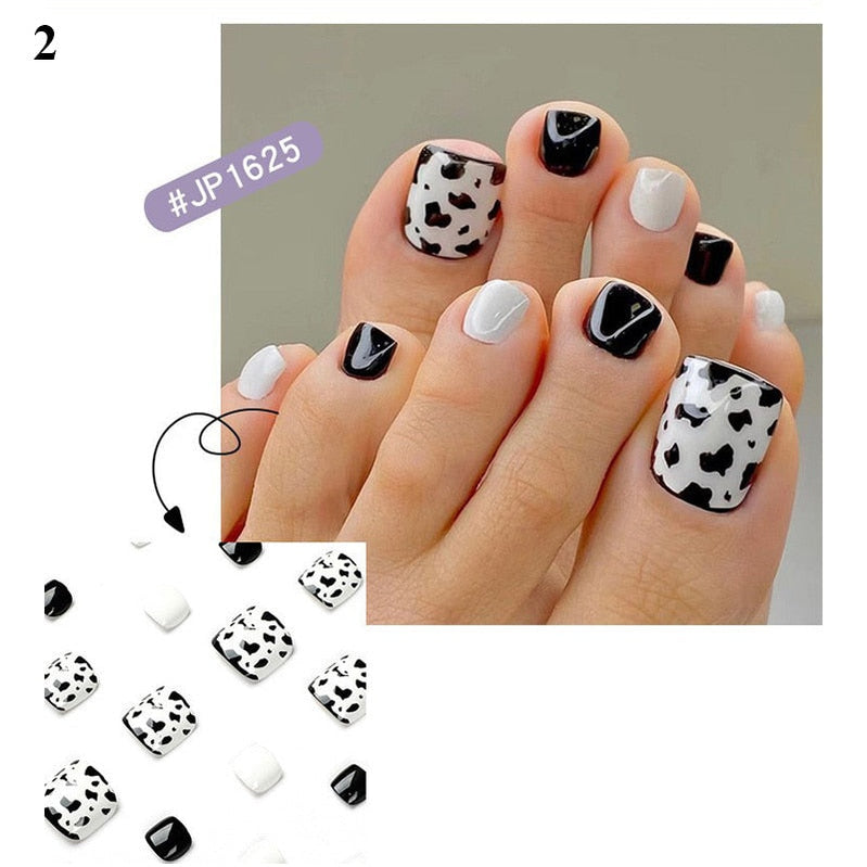 False Toenail 24Pcs/Box Toe Nail 3D Glitter Decor Press On Fake Nails With Glue Detachable Square Short Full Cover DIY Nail Tips 2
