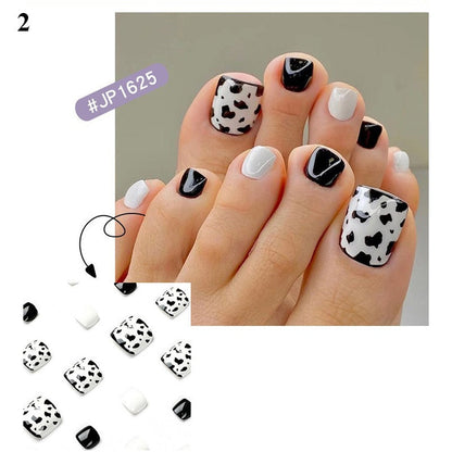 False Toenail 24Pcs/Box Toe Nail 3D Glitter Decor Press On Fake Nails With Glue Detachable Square Short Full Cover DIY Nail Tips