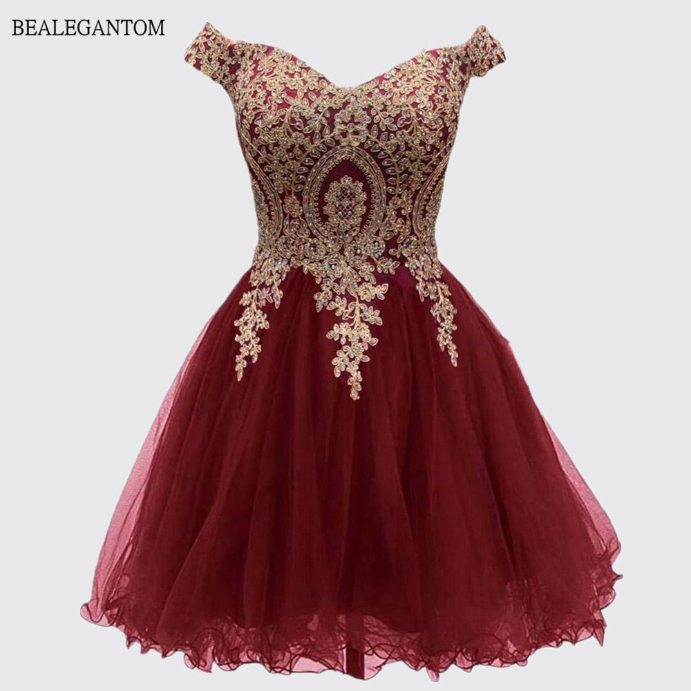 Bealegantom A Brine Lace Off Shoulding Short Homecoming Dresse Appliques Crystal Beed Mini 형식 Prom Graudation Party Gowns