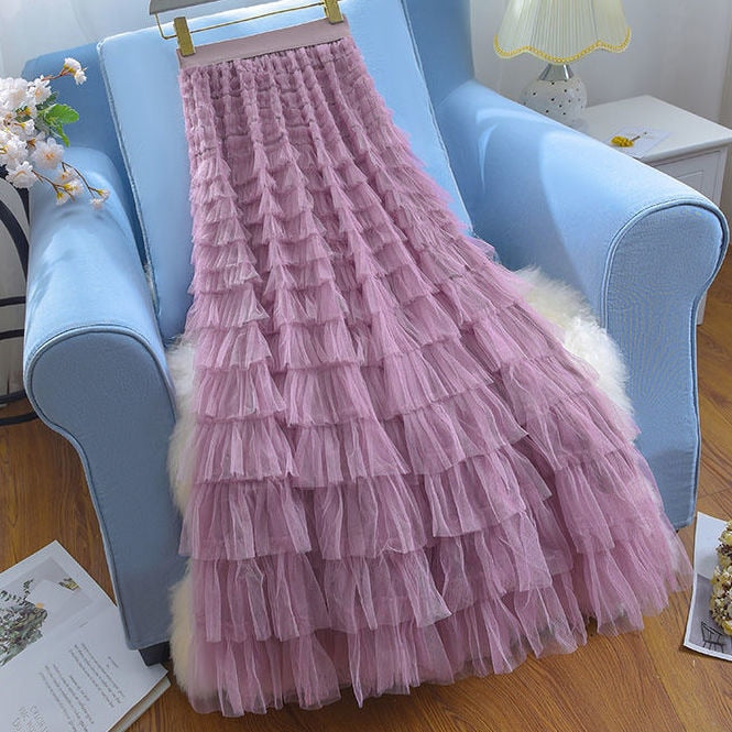 Summer Long Skirt Layered Ruffles Design Elegant Maxi Dress Office Women Commuting Party Attire Autumn Elegant Skirt Long Light purple