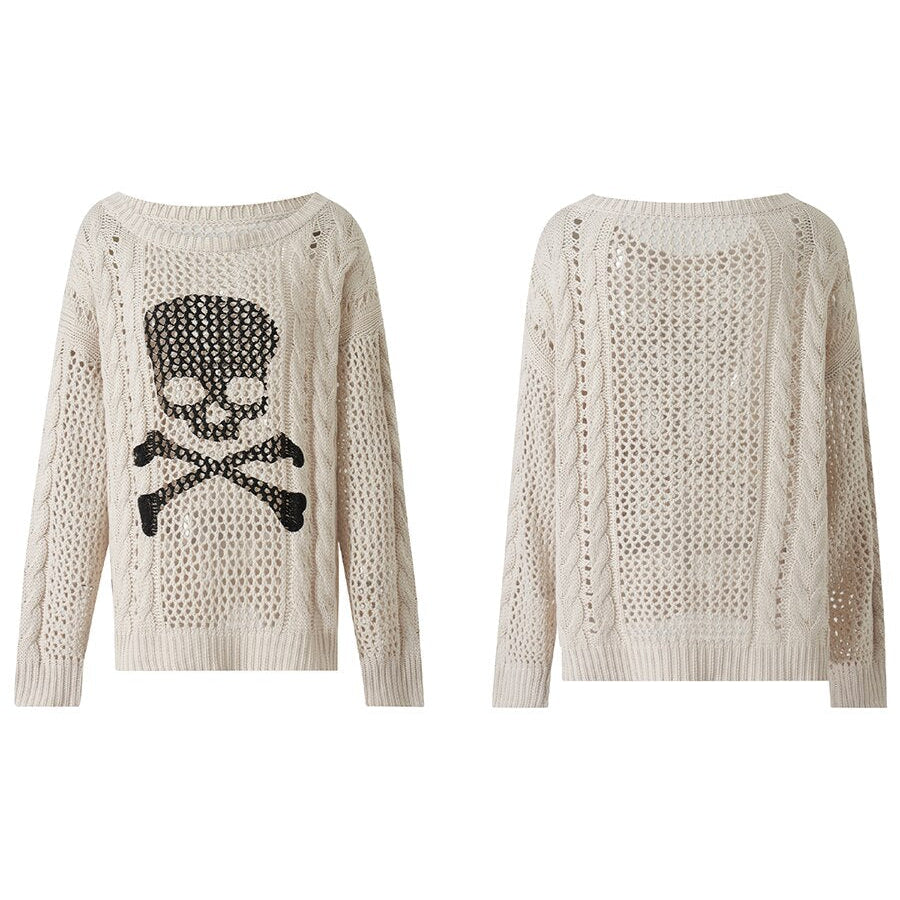 Women Skull Print Cable Knit Sweater Halloween Clorthes Gothic Hollow Out Long Sleeve Round Neck Loose Jumper Tops Fall Knitwear Beige