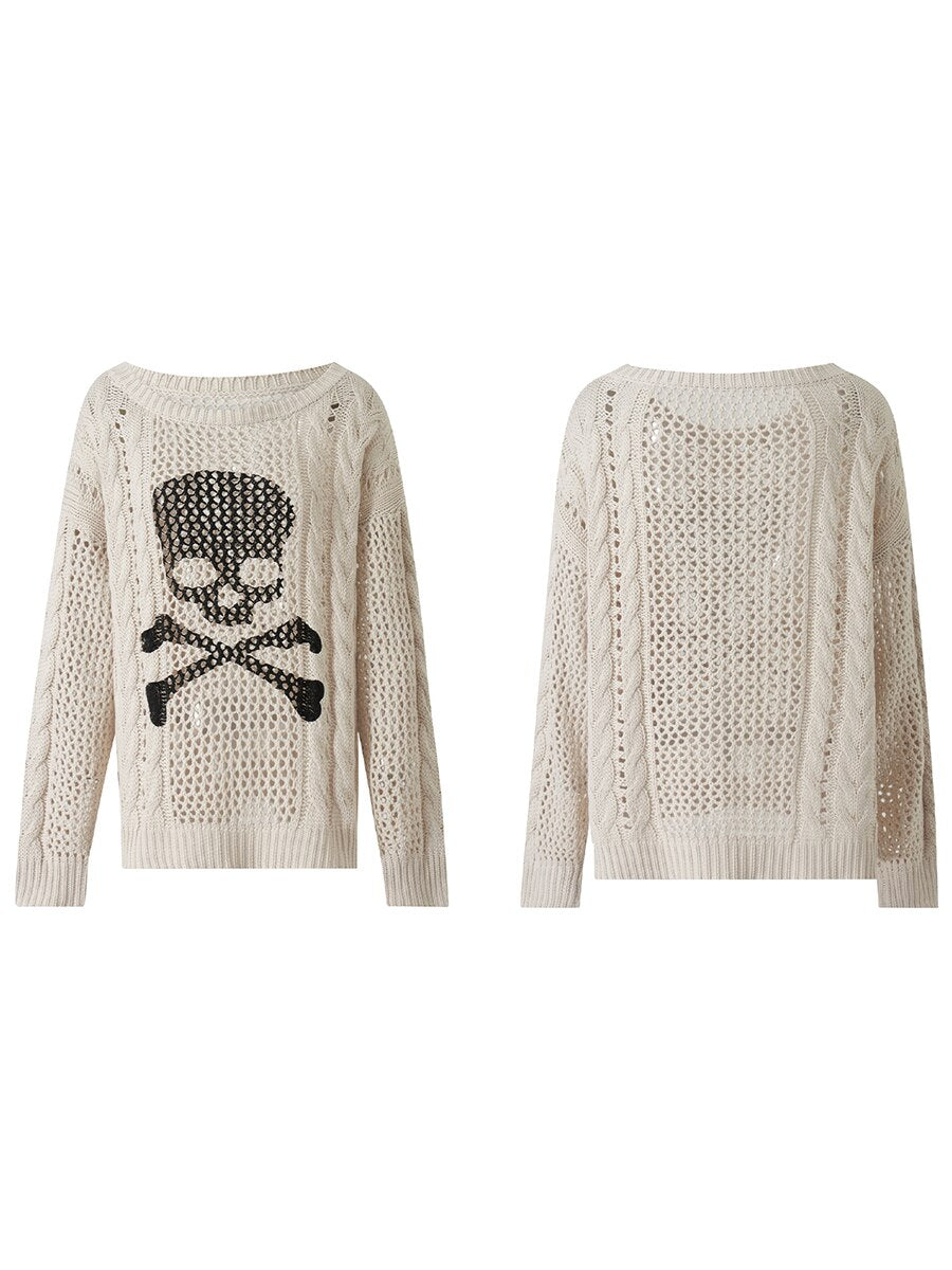 Women Skull Print Cable Knit Sweater Halloween Clorthes Gothic Hollow Out Long Sleeve Round Neck Loose Jumper Tops Fall Knitwear Beige