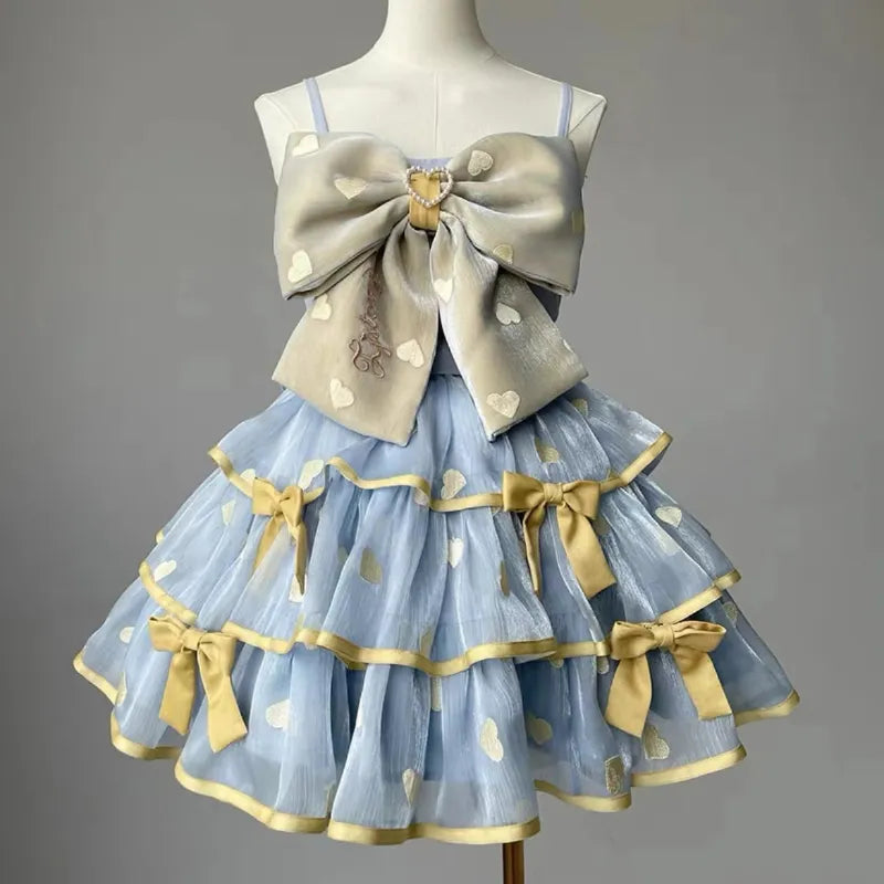 Japanese Victorian Lolita Dresses Women Gothic Cute Lace Bow Y2k Tank Tops Tiered Love Cake Skirt Suit Kawaii Sweet Lolita Sets Blue and yellow suit