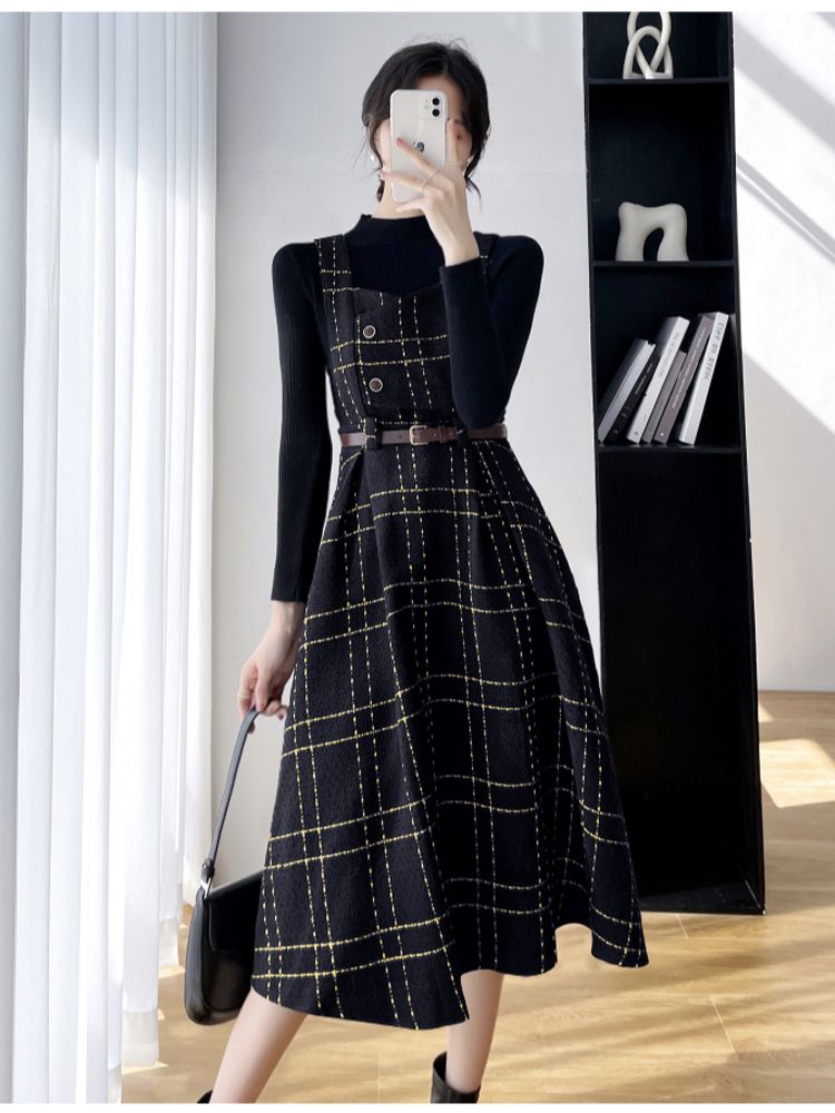 Autumn Winter Lady fashion Overalls 2 Piece Set Dress Women black Knitted Sweater Top + Plaid Tweed Slim Big Swing Midi Dress