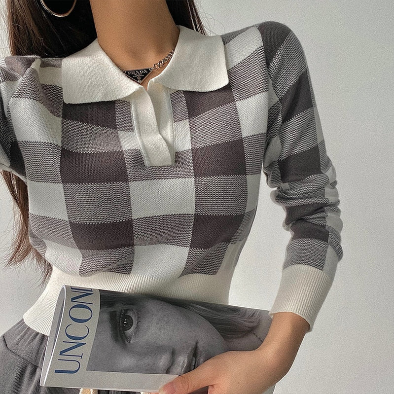 Autumn Winter Vintage Knitwear Crop Tops Women Pullover Sweaters Fashion Female Long Sleeve Elastic Casual Plaid Knitted Shirts gray One Size
