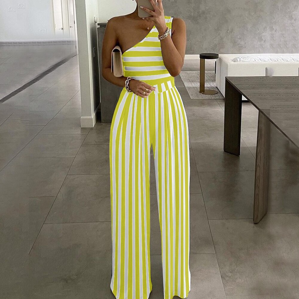 Summer Women Fashion Sexy One Shoulder Club Romper Bodysuit Elegant Wide Leg Jumpsuit Office Lady Casual Ovealls yellow stripes