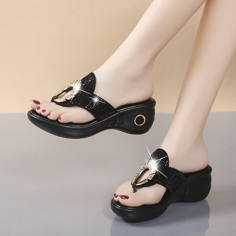 Women's Open Toe Slippers Sequins Decor Platform Ladylike Sweet New Summer Fashion Popular Comfy High Thick Heel Slippers Black