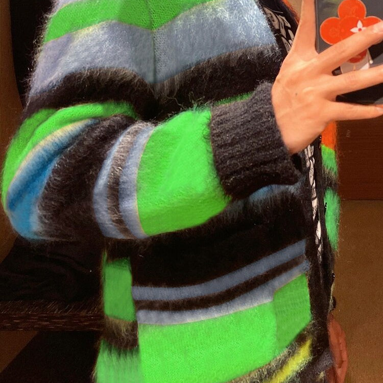 Weird Puss Cardigan Sweater Y2K Women Button Contrast Color Patchwork V-Neck Lantern Sleeve Top Street Hipster Loose Coat