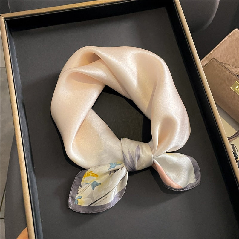 Fashion Designer Print 100% Natural Silk Square Scarves Women Hairband Neck Foulard Female Small Kerchief Bandana New FZ181-1 53cm real silk