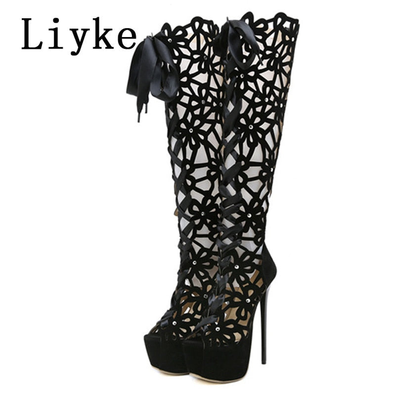 Liyke 16CM Ultra Thin High Heels Sexy Nightclub Hollow Out Over The Knee Boots Women Peep Toe Lace-Up Zip Platform Shoes Sandals Black