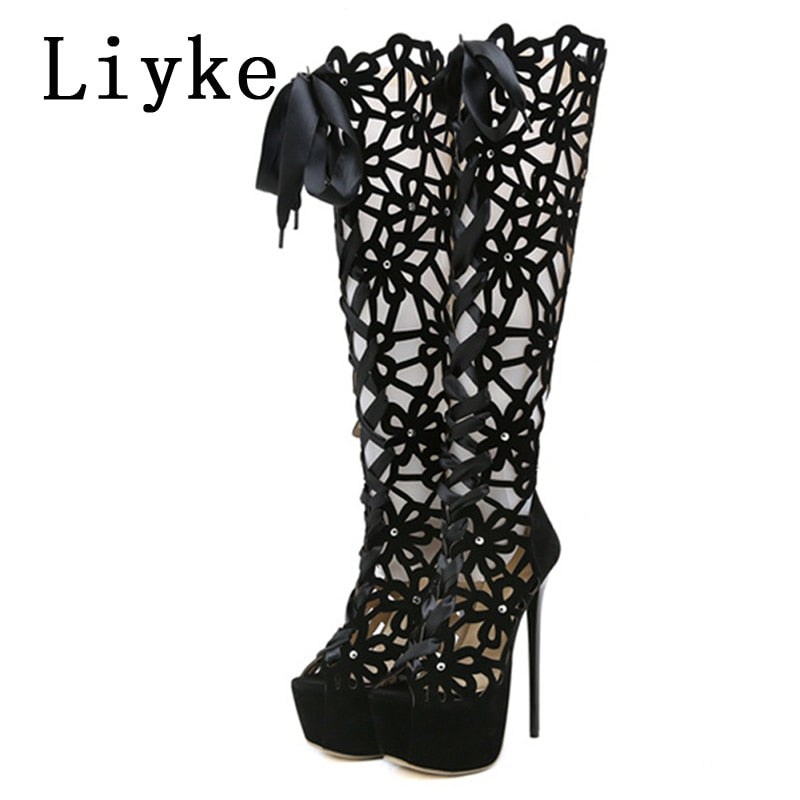 Liyke 16CM Ultra Thin High Heels Sexy Nightclub Hollow Out Over The Knee Boots Women Peep Toe Lace-Up Zip Platform Shoes Sandals Black