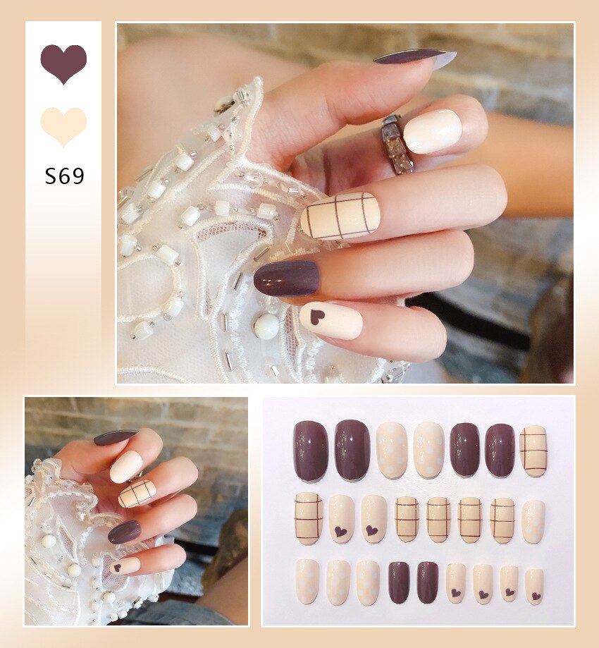 24Ps Childlike Fake Nails With Glue Cute Kawaii Personality Stick On Nails False Girls Short Press On Nail Art DIY Manicure Tool Nails With Glue S69