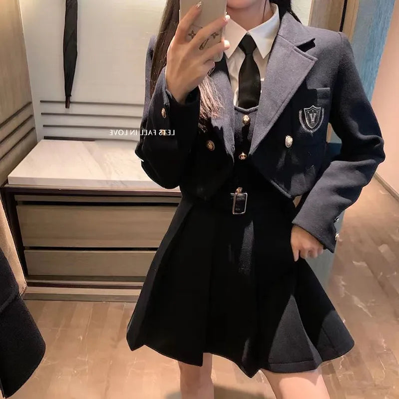 College Style 2 Piece Jacket Skirt Suit Women Spring Autumn Skirt WITH Belt+Streetwear Harajuku BF Casual Coat