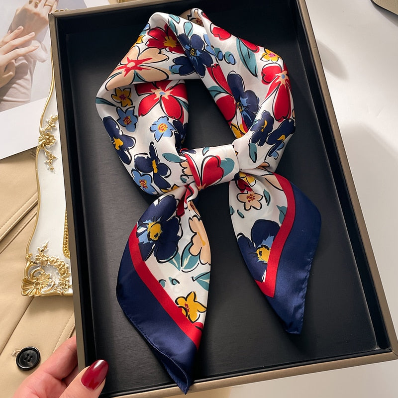 Fashion Hair Scarf for Women Decor Headband Ribbon Satin Silk Square Scarves Lady Wrist Wrap Shawls Design Bandana Foulard FJ727-2