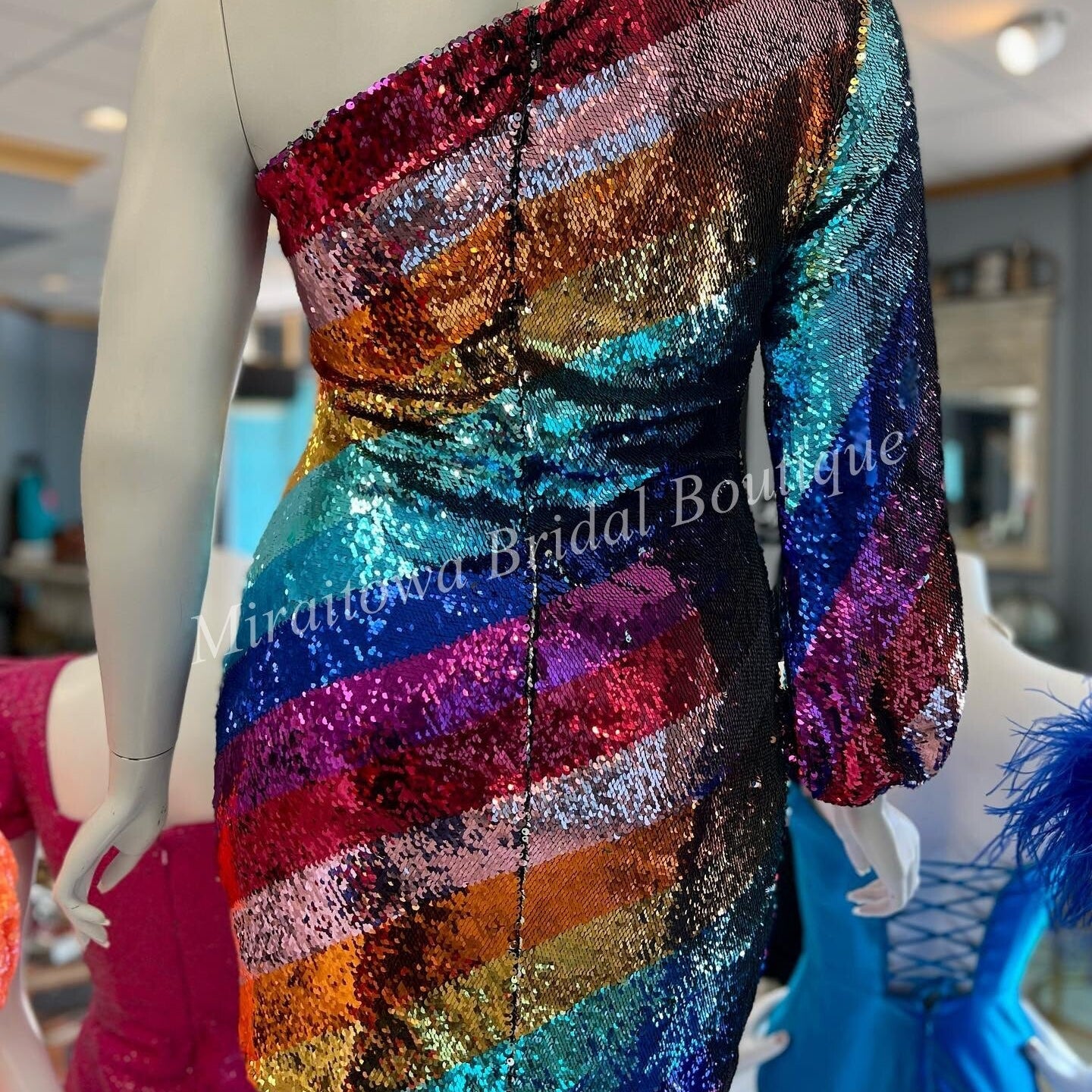 Multicolor Cocktail NYE Dress One Long Sleeve Rainbow Sequins Lady Formal Event Mini Party Gown Club Night Out Hoco Gala