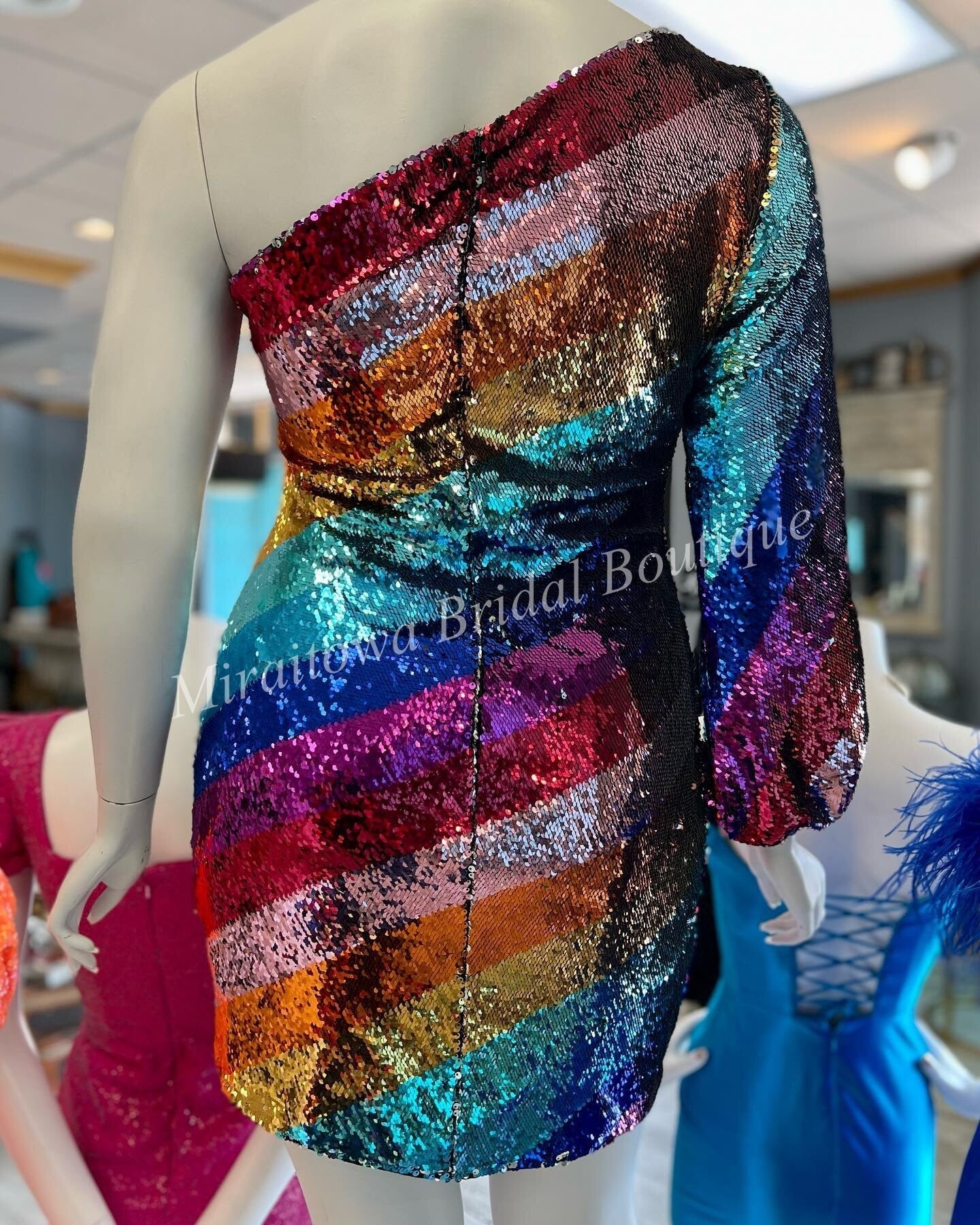 Multicolor Cocktail NYE Dress One Long Sleeve Rainbow Sequins Lady Formal Event Mini Party Gown Club Night Out Hoco Gala