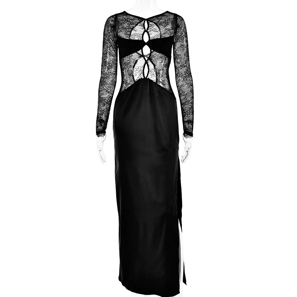 Patchwork Sexy See Through Lace Women Maxi Dress Hollow Out High Slit Evening Dress Female Skinny Elegant Party Clubwear Black