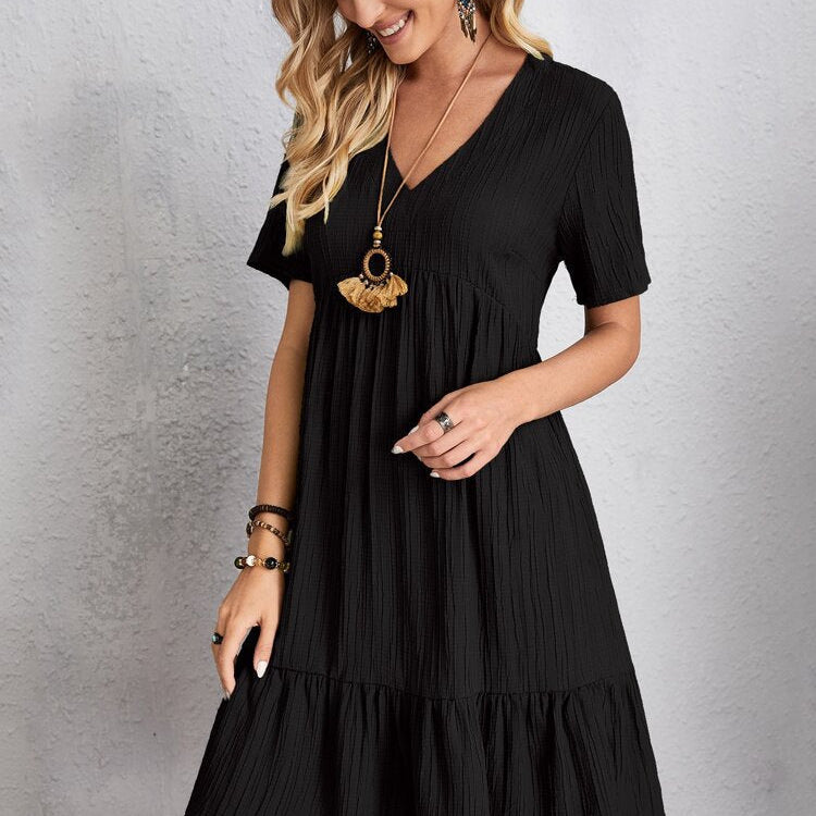 Summer Knee Length Dresses for Women 2023 New-In One-Piece Loose Casual Short Sleeve Dress Vintage Chic Maxi Midi Dress Outfits C1 Black