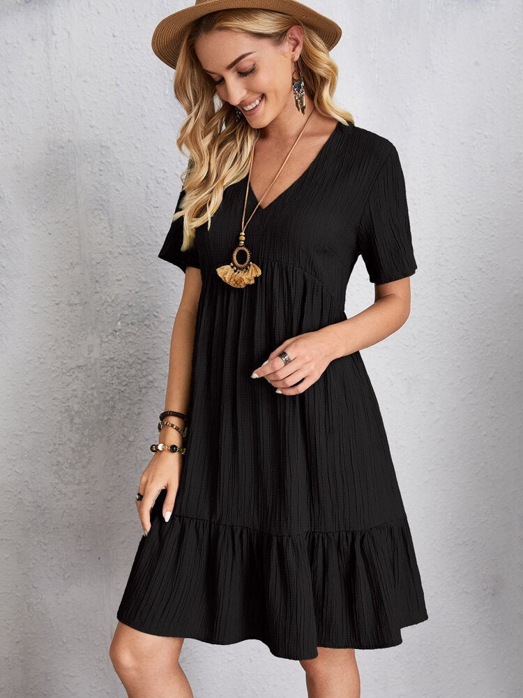 Summer Knee Length Dresses for Women 2023 New-In One-Piece Loose Casual Short Sleeve Dress Vintage Chic Maxi Midi Dress Outfits C1 Black