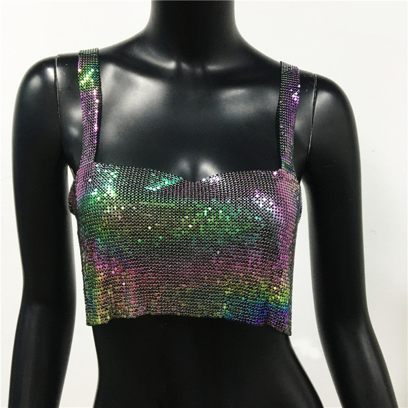 Sexy Metal Sequin Tank Top For Women y2k Summer Beach Backless Crop Top Rave Festival Club Outfits Camisole Illusion One Size