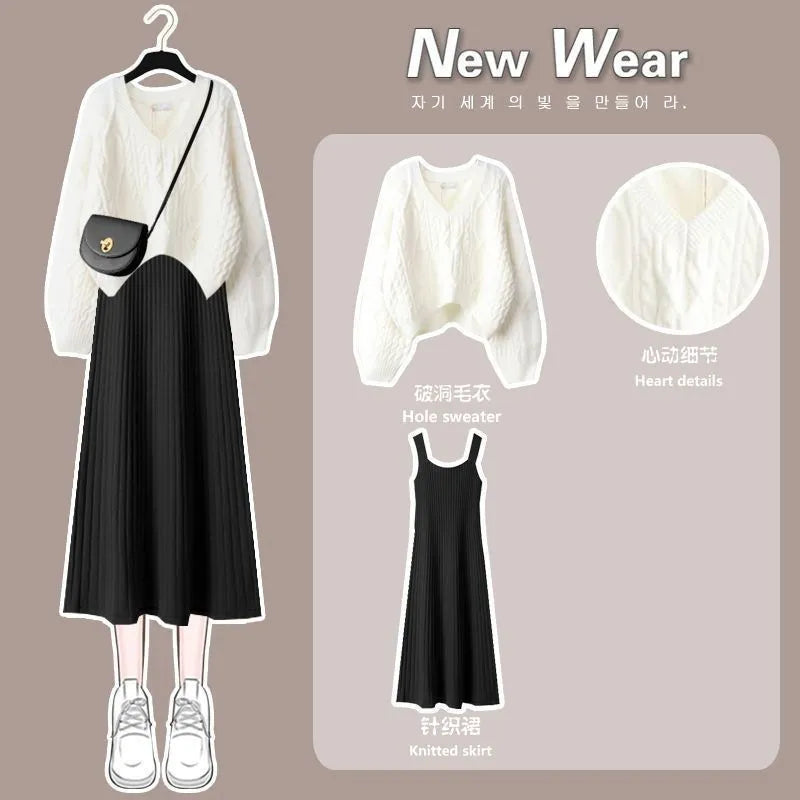 Women's Autumn Winter New Fashion V-Neck Sweater Knitted Dress Two Piece Korean Elegant Top Skirt Matching Set Female Suit Set 06