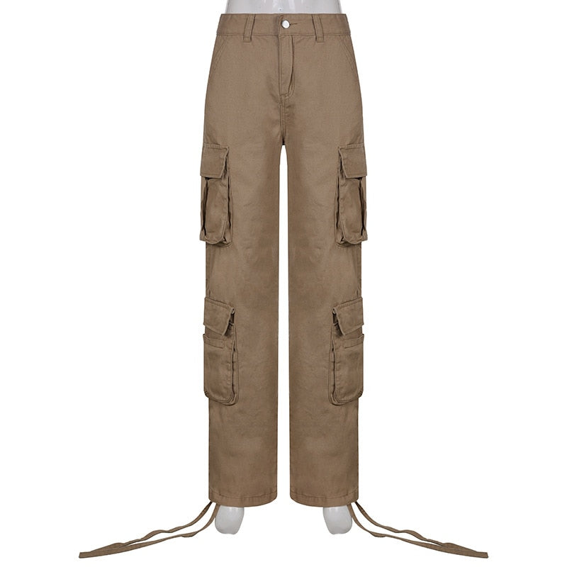 PASSIONNÉ Trousers for Women High Waist Pockets Lace-up Wide Leg Pants Female Vintage Streetwear Style Fashion New Khaki