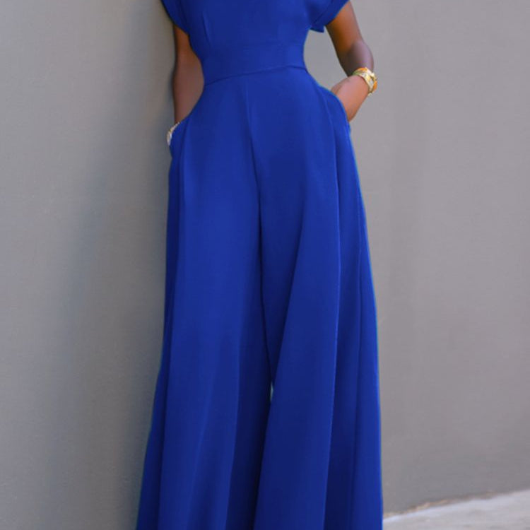 Summer Holiday Overalls Casual Elegant Playsuit Women Short Sleeve Long Rompers Commuting Wide Leg Pants Jumpsuits Royal