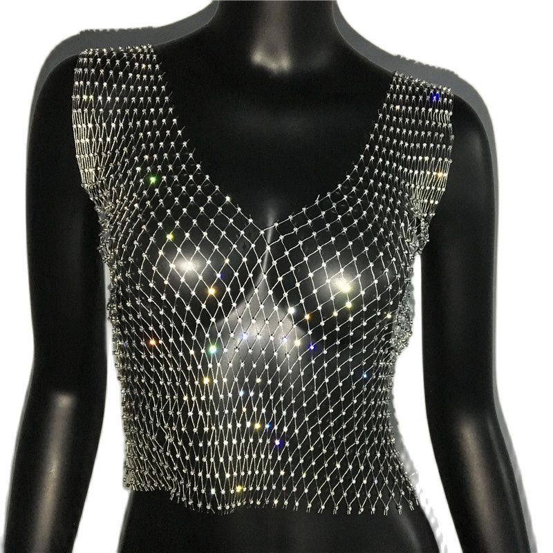 Women's Fishnet Rhinestone Crop Top 2023 Summer Sexy Mesh High Elastic Black White Shirt Net See Through Rave Diamond Tank Top Silver V neck
