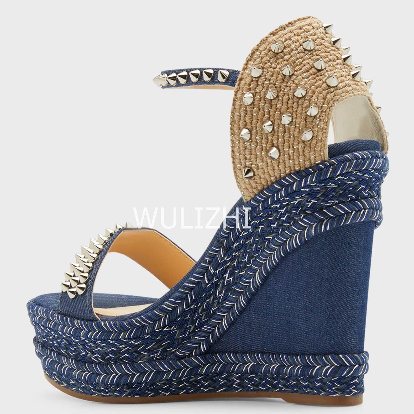 Women&#39;s Dark Black Blue Denim High Wedge Espadarille Metal Stud Heel Sandals Low Platform Mixed Colors Patchwork Appliques Shoes