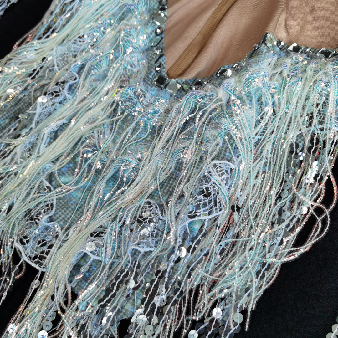 Sparkling Silver Rhinestone Sequin Tassel Party Bodysuit Women Stretch Dance Fringes Jumpsuit Club Bar Singer Leotard Stage Wear