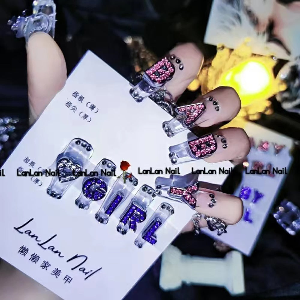 Fashion Cool Personality Cosplay Party Nails Long Coffin 3D High-End Chain Nail Tips Girls Gift Accessories 9